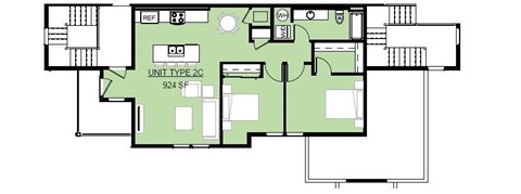 Floor plan for 2 beds, 1 bath, 778 sqft
